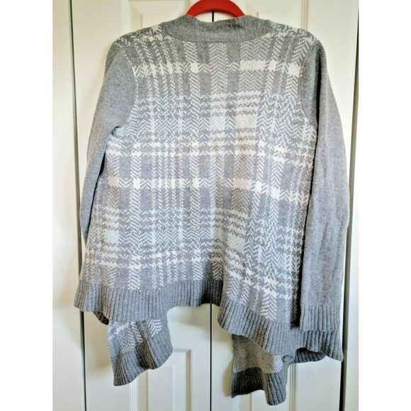 Lands End Cardigan Wrap Wool‎ Cashmere Blend Plaid PM 10-12 Petite Medium Gray - Picture 2 of 7